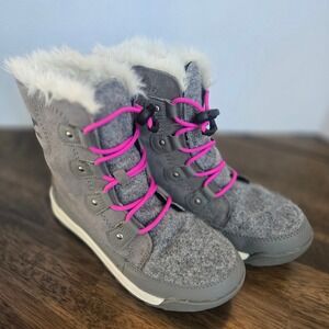 Sorel Whitney Kids Grey Suede Felt Waterproof Winter Boots Pink Bungee Faux Fur